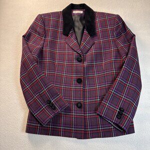 Talbots Size 10 Purple Red Plaid Notch Blazer Lined Wool Blend
